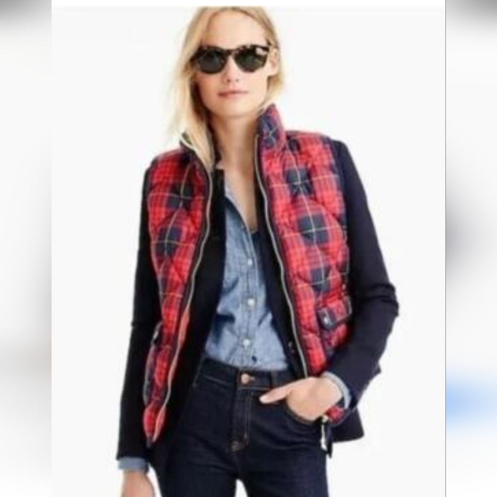 J. Crew tartan navy and red plaid puffer vest